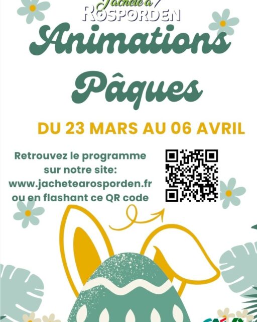 Hello Rosporden!

C'est bientôt Pâques ! On a eu un peur que les cloches et les lapins oublient de vous apporter des petits chocolats... alors dans le doute, et parce qu'il n'y a pas d'âge pour jouer, vos commerçants vous préparer des petites animations avec des lots (gourmands!) à gagner !

Passez voir vos commerçants et participez aux différents petits jeux: tombola, poids d'un œuf à deviner, quantité de petits à œufs à trouver... bref, des animations aussi gourmandes que vos commerçants !

L'opération se déroule du 23 Mars au 06 Avril et des cadeaux sont à gagner dans chaque commerces participants.

Retrouver le programme (pour savoir qui fait quoi...) sur le (tout beau, tout nouveau) site jachetearosporden.fr ou en flashant le petit QR code qui vois trouverez sur cette affiche et chez vos commerçants.