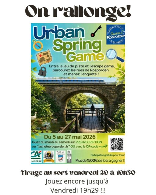 On rallonge la durée du jeu !!

En ce mois de Mai, vous avez jouez sous la pluie, en kway,  sous le soleil, en casquette... et même sous la canicule !

Le tirage au sort aura lieu vendredi soir, à 19h30.
On rallonge donc de deux petites journées,  potentiellement plus fraîches.

Vous avez donc jusqu'à vendredi 29 Mai, 19h29 pour jouer et tenter de remporter l'un des nombreux lots !

On rappelle que le jeu peut-être fait  en plusieurs fois. Il est tout à fait possible de faire des pauses fraîcheurs dans votre enquête,  cela n'impactera pas vos chances 😊